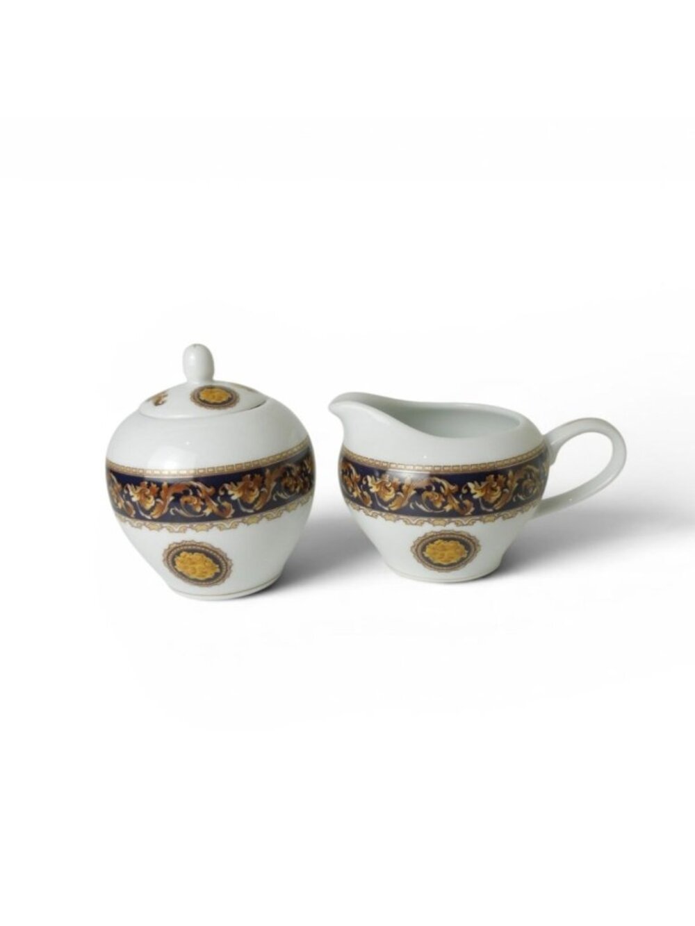 Vintage Casa Elite Italy Sugar Bowl and Creamer Porcelain M Valenti Blue Gold